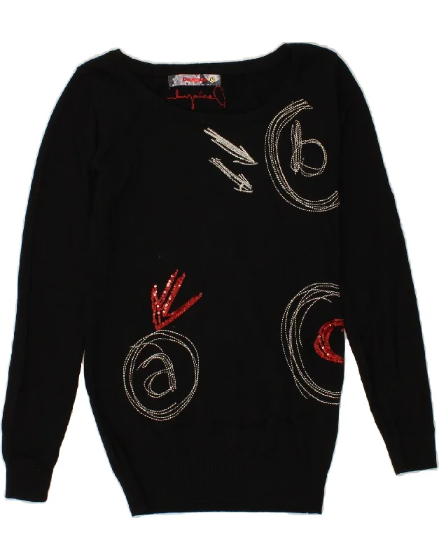 DESIGUAL Womens Graphic Boat Neck Jumper Sweater UK 12 Medium Black Cotton