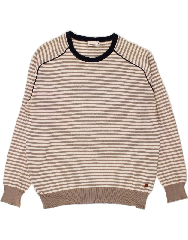 ELLESSE Womens Crew Neck Jumper Sweater UK 18 XL Beige Striped Cotton