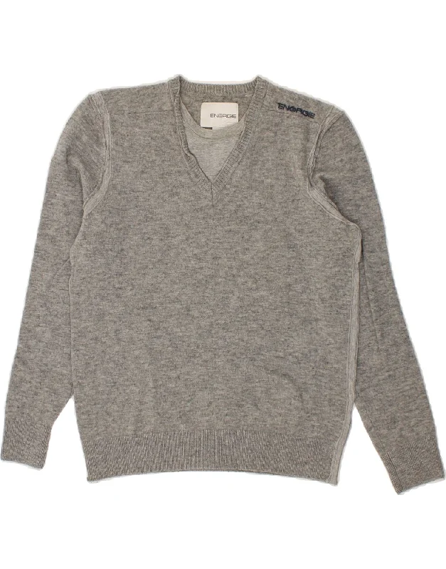 ENERGIE Womens V-Neck Jumper Sweater UK 10 Small Grey Wool