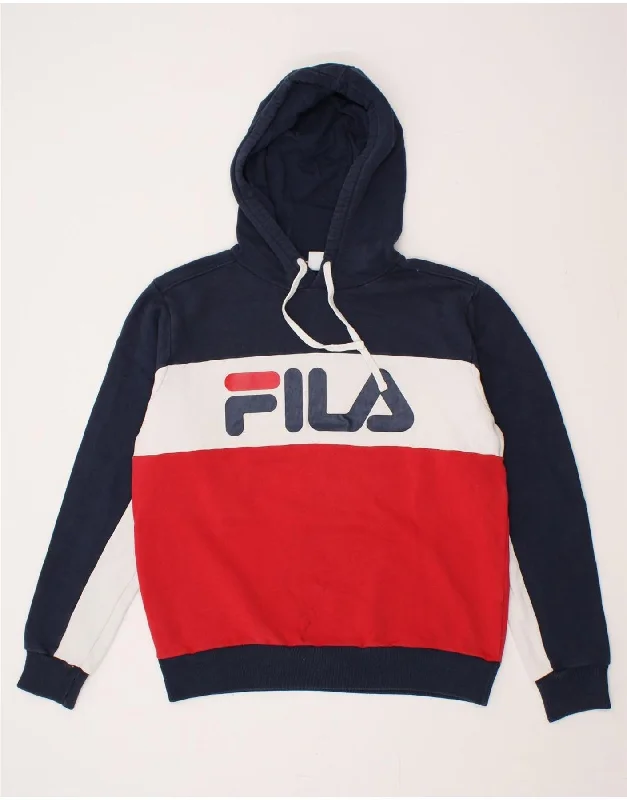 FILA Mens Graphic Hoodie Jumper IT 50 Medium Navy Blue Colourblock Cotton