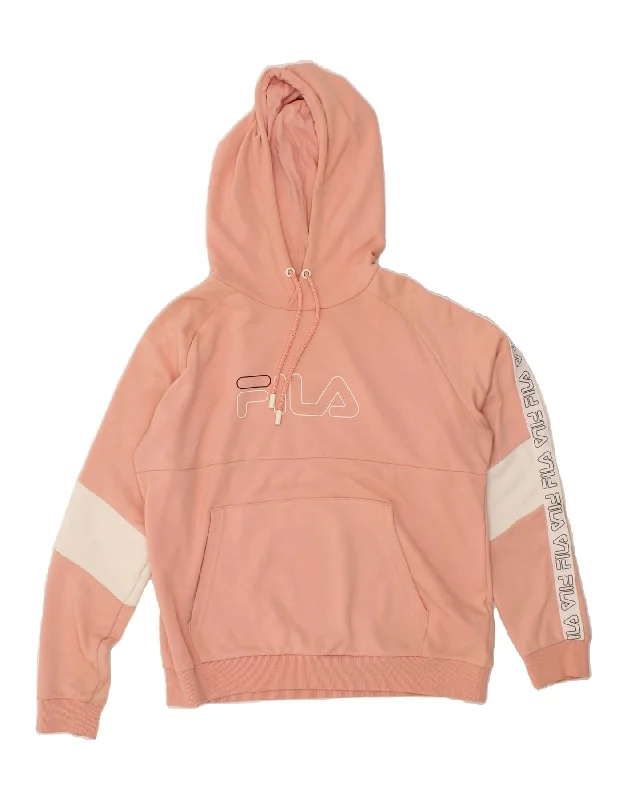 FILA Womens Graphic Hoodie Jumper UK 16 Large Pink Colourblock Cotton