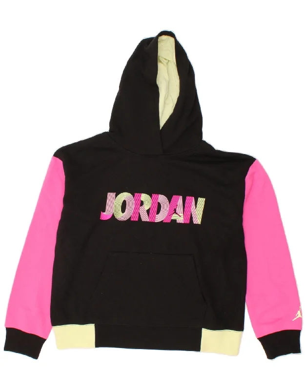 JORDAN Girls Graphic Hoodie Jumper 13-14 Years XL Black Colourblock Cotton