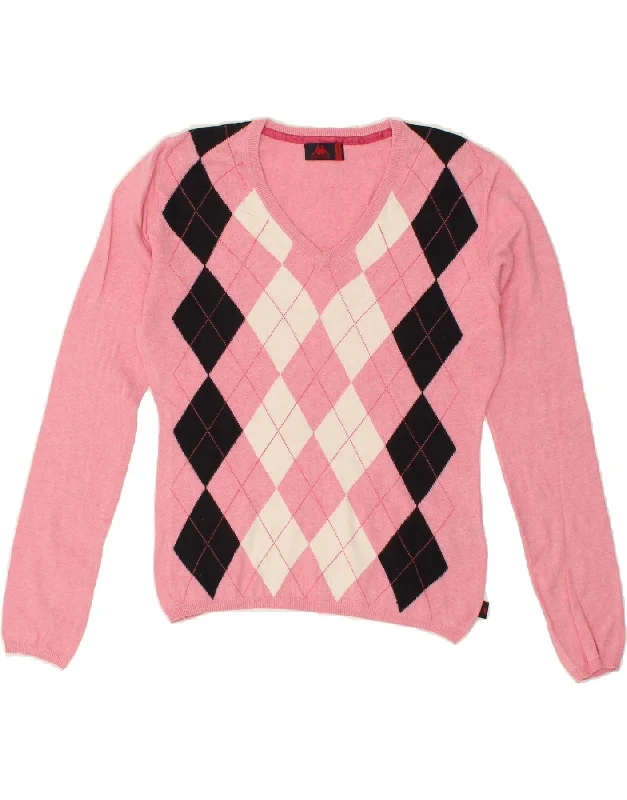 KAPPA Womens V-Neck Jumper Sweater UK 14 Large Pink Argyle/Diamond Cotton