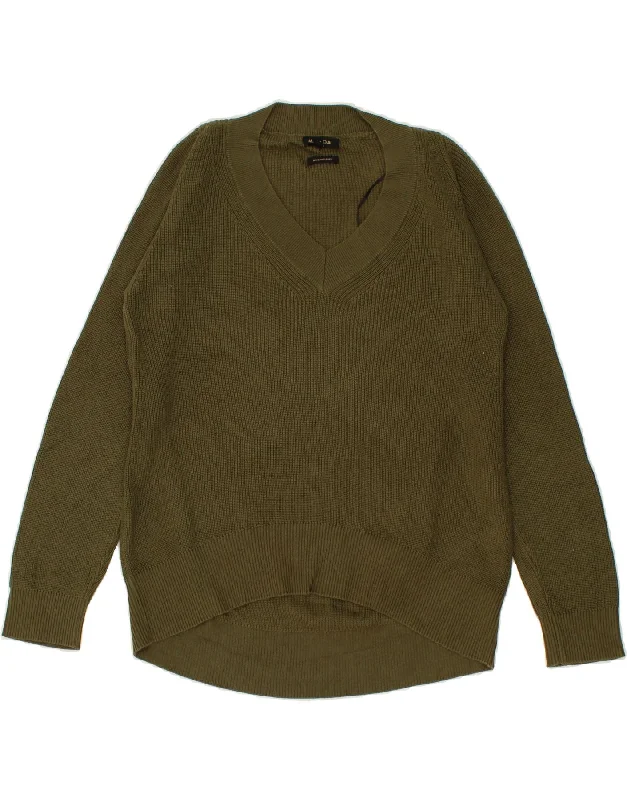 MASSIMO DUTTI Womens V-Neck Jumper Sweater UK 10 Small Khaki Cotton