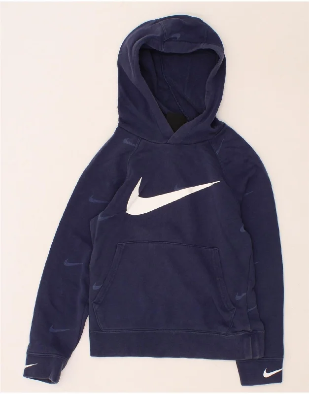 NIKE Boys Standard Fit Graphic Hoodie Jumper 8-9 Years Small Navy Blue