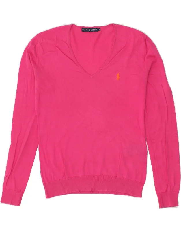 RALPH LAUREN Womens V-Neck Jumper Sweater UK 10 Small Pink Cotton