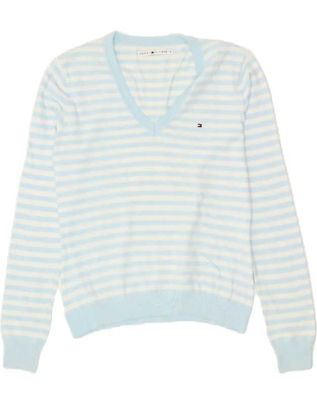 TOMMY HILFIGER Womens V-Neck Jumper Sweater UK 10 Small Blue Striped