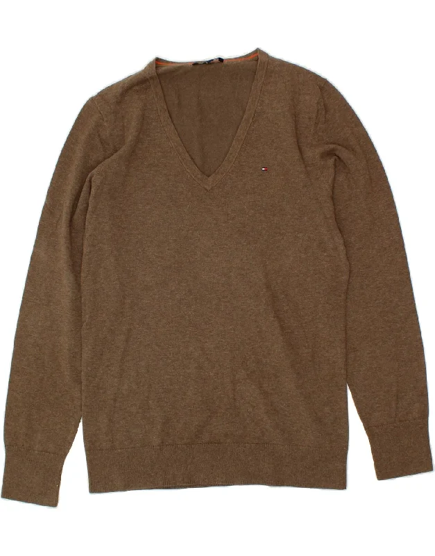 TOMMY HILFIGER Womens V-Neck Jumper Sweater UK 20 2XL Brown Cotton