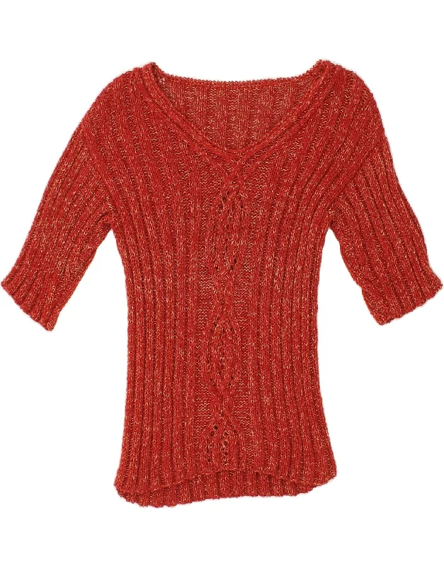 VINTAGE Womens 3/4 Sleeve V-Neck Jumper Sweater UK 14 Large Red