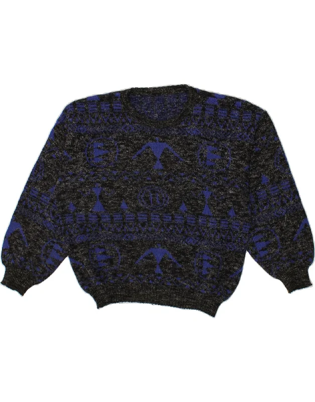 VINTAGE Womens Abstract Pattern Crew Neck Jumper Sweater UK 14 Large Blue