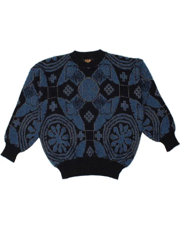 VINTAGE Womens Abstract Pattern Crew Neck Jumper Sweater UK 20 2XL Blue