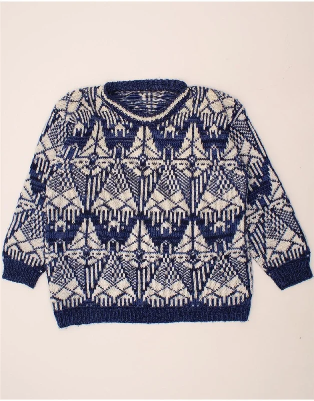 VINTAGE Womens Boat Neck Jumper Sweater UK 20 2XL Blue Fair Isle Acrylic