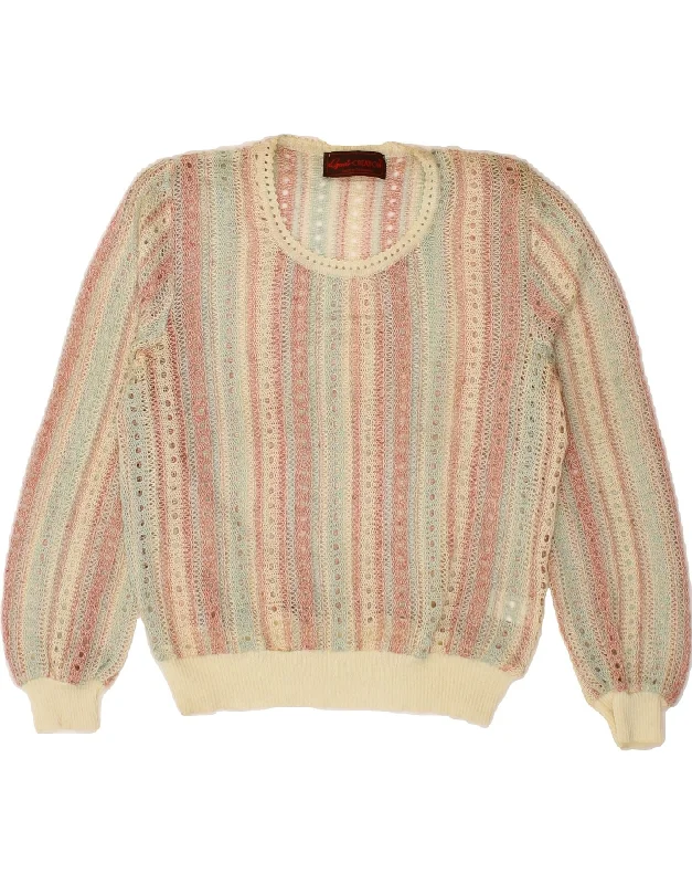 VINTAGE Womens Crew Neck Jumper Sweater UK 12  Medium Beige Striped