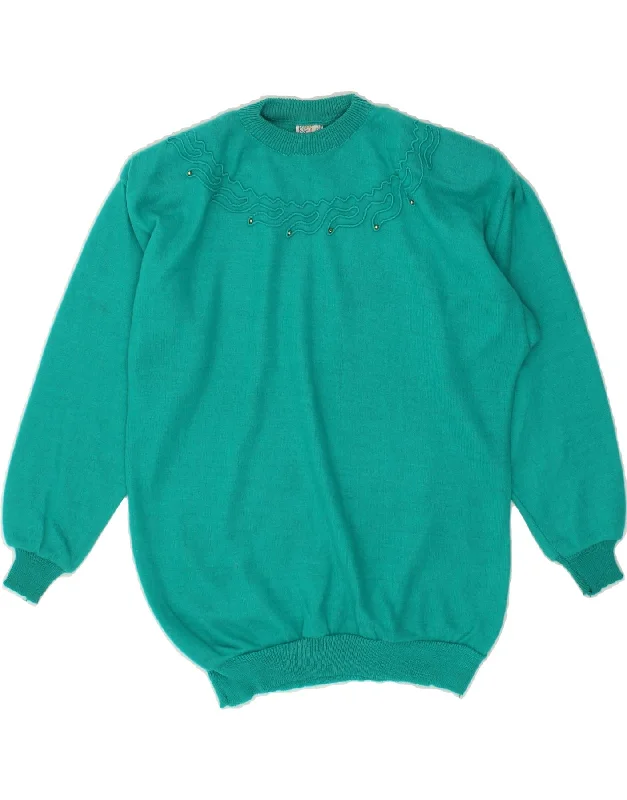 VINTAGE Womens Crew Neck Jumper Sweater UK 14 Large Turquoise Angora