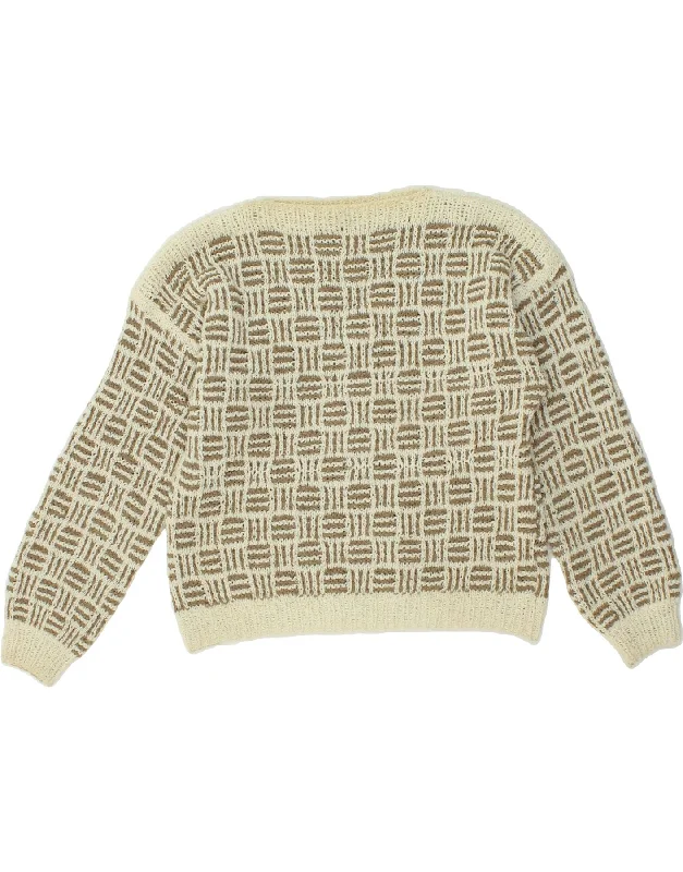 VINTAGE Womens Crop Boat Neck Jumper Sweater UK 10 Small Beige Geometric