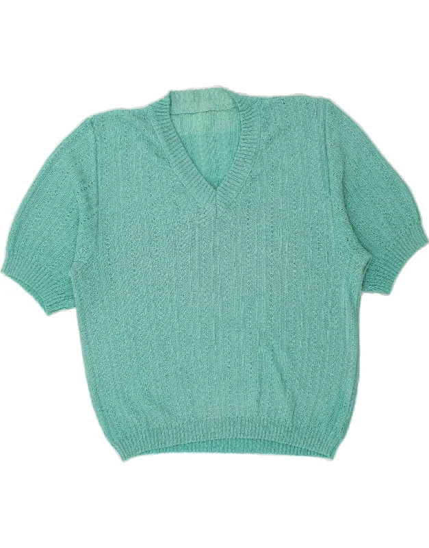 VINTAGE Womens Short Sleeve V-Neck Jumper Sweater UK 14 Medium Turquoise