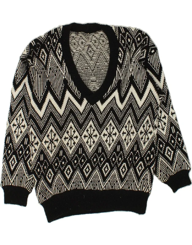 VINTAGE Womens V-Neck Jumper Sweater UK 14 Large Black Geometric