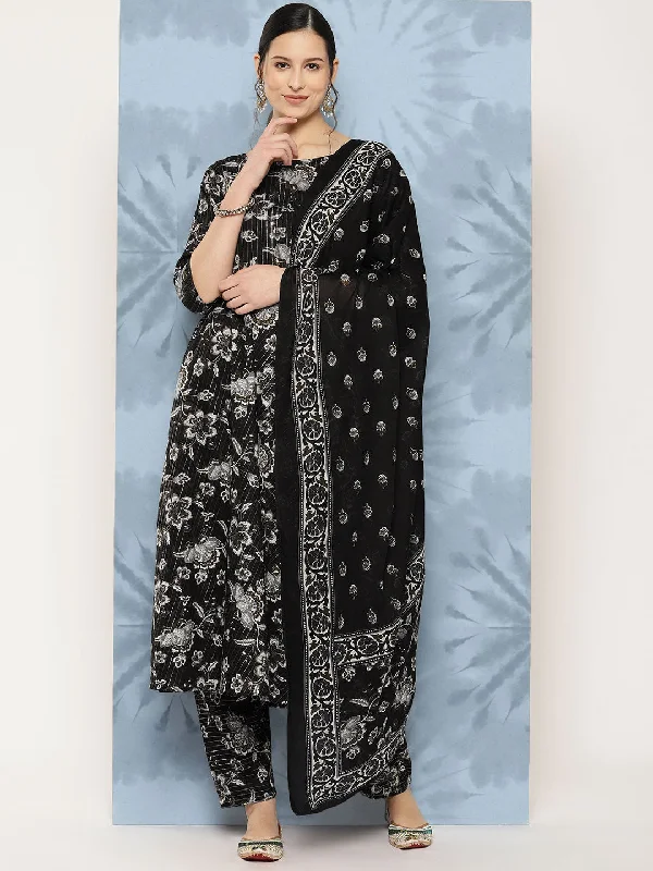 Women Black Floral Printed Flared Kurta With Trouser And Dupatta