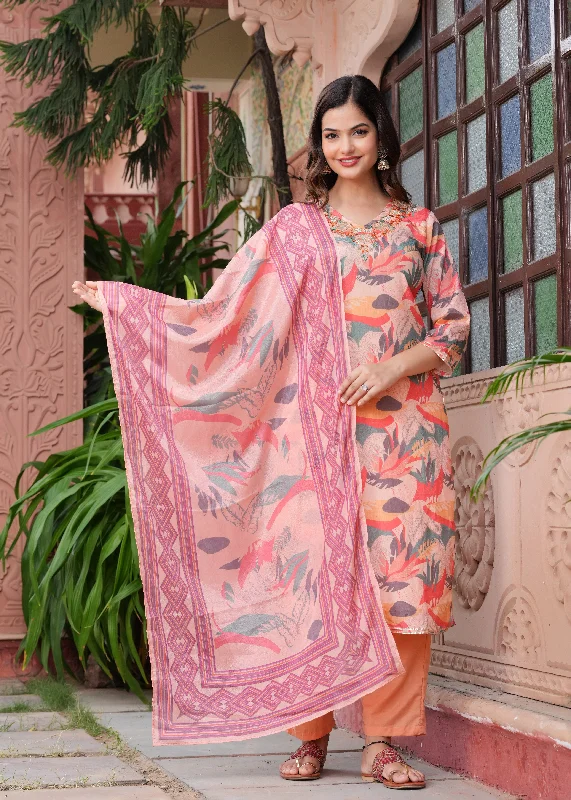 Women Floral Printed Regular Pure Cotton Straight Kurta With Trousers  Dupatta