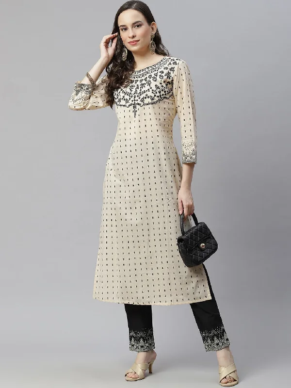 Women Ethnic Motifs Printed Regular Thread Work Pure Cotton Kurta with Trousers