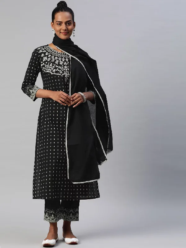 Women Ethnic Motifs Printed Thread Work Pure Cotton Straight Kurta With Trousers Dupatta