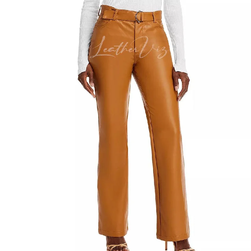 BANDED WAIST WOMEN LEATHER TROUSERS