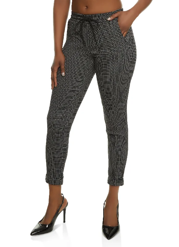 Windowpane Plaid Drawstring Dress Pants