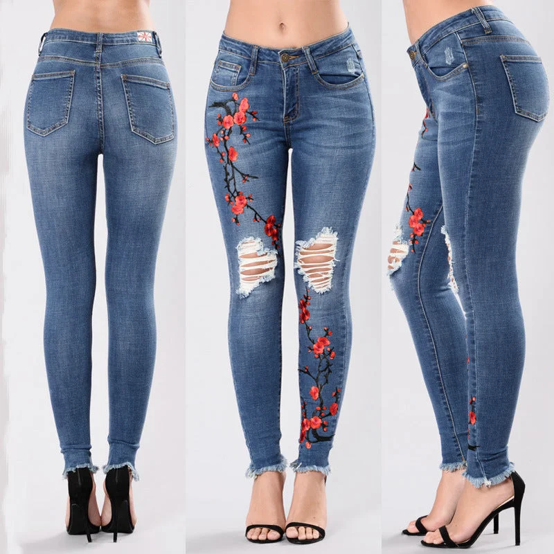 hole embroidered high-elastic denim women's trousers