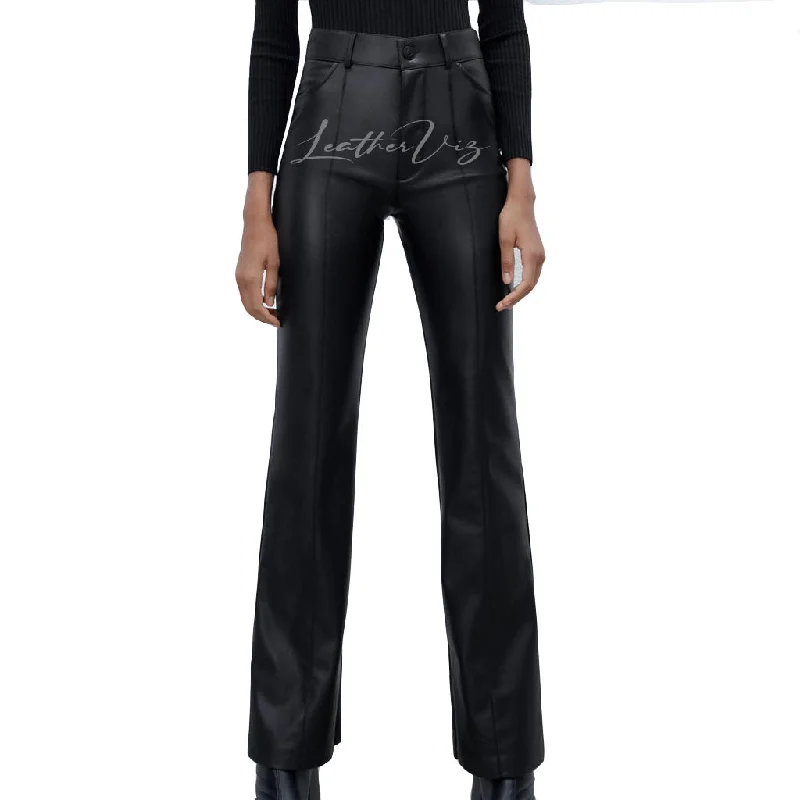 FLARED HEM PANELED DETAILING LEATHER TROUSERS