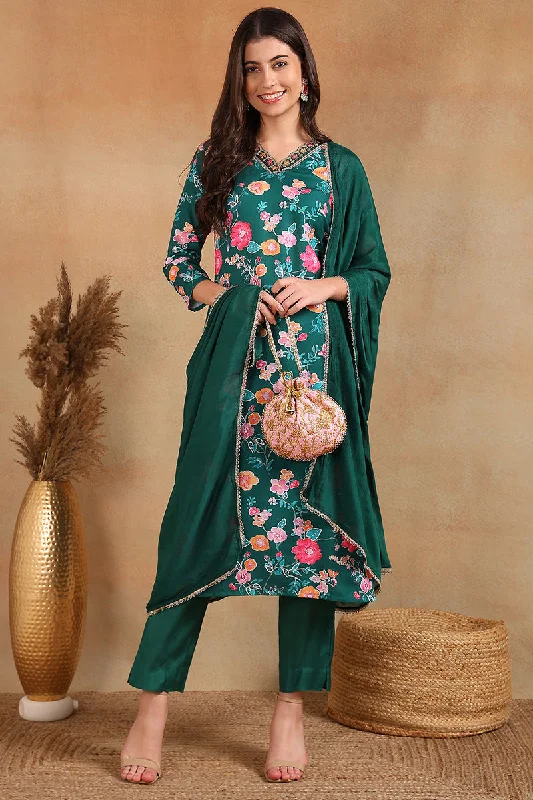 Green Polyester Floral Printed Straight Trouser Suit Set