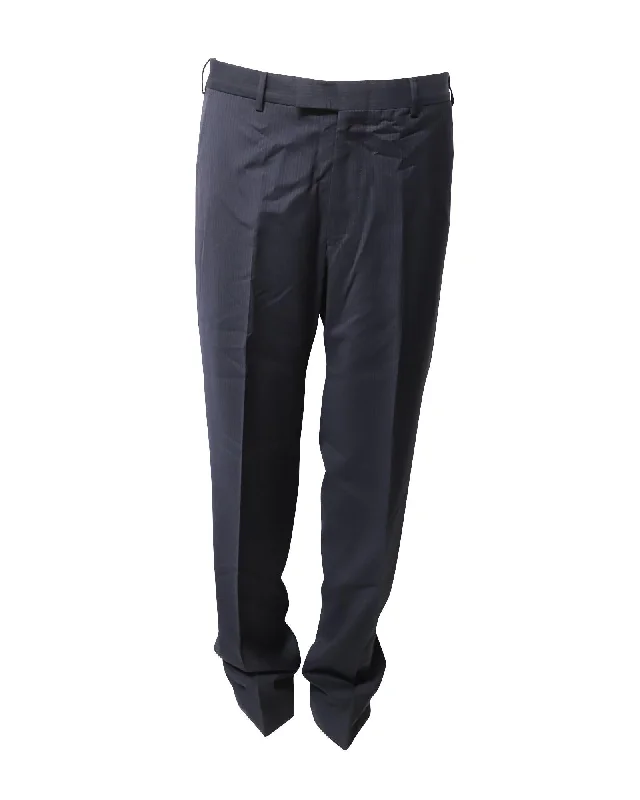 Navy Blue Striped Tailored Wool Trousers