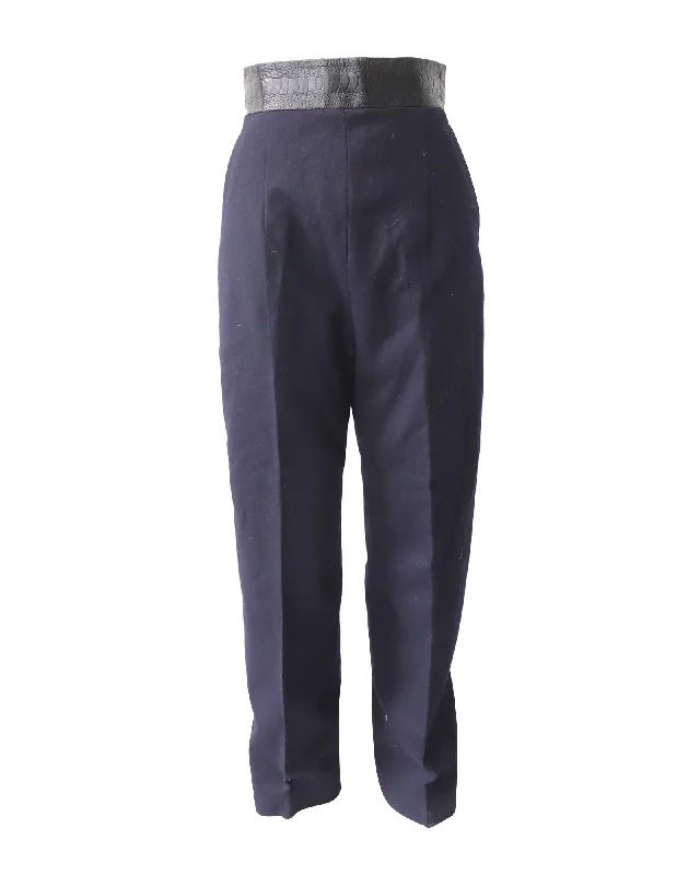 Tailored Navy Blue Trousers with Leather Trim