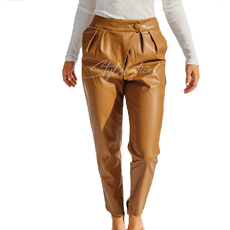 OFF CENTERED BUTTON CLOSURE WOMEN LEATHER TROUSERS