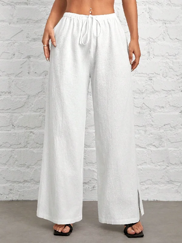 PETITE Women'S White Woven Wide-Leg Trousers with Side Slits