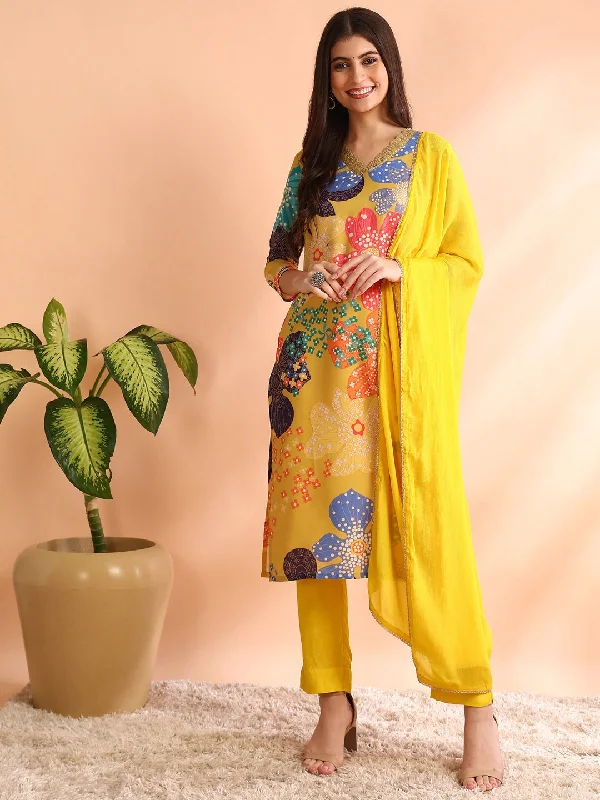 Women Yellow Cotton Blend Floral Printed Straight Kurta Trouser With Dupatta