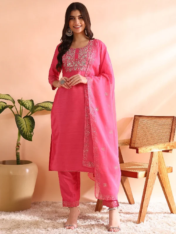 Women Pink Silk Blend Solid Embroidered Straight Kurta Trousers With Dupatta