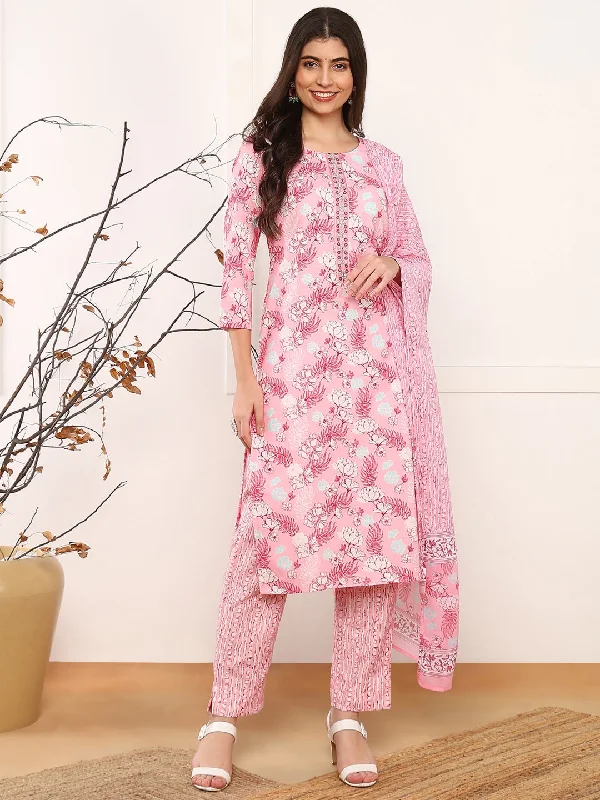 Women Pink Poly Rayon Floral Printed Straight Kurta Trouser With Dupatta