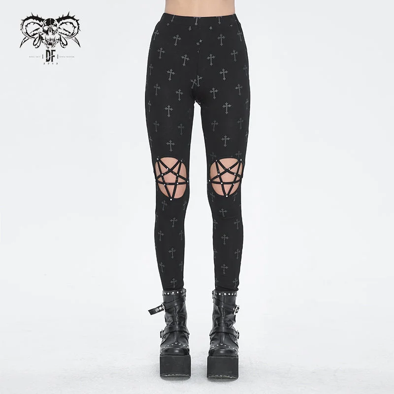 PT234 Knee star-shaped hollow out cross printing knitted trousers for women