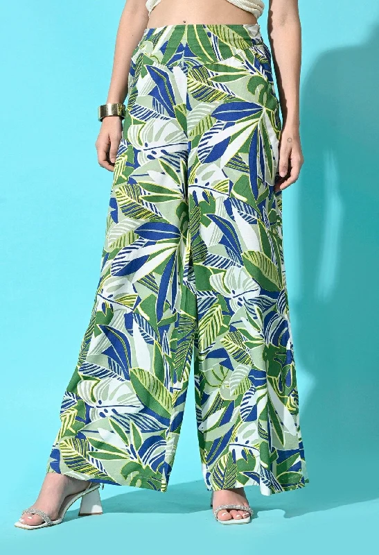 Rayon Printed Women Trouser - Leaf Print Green