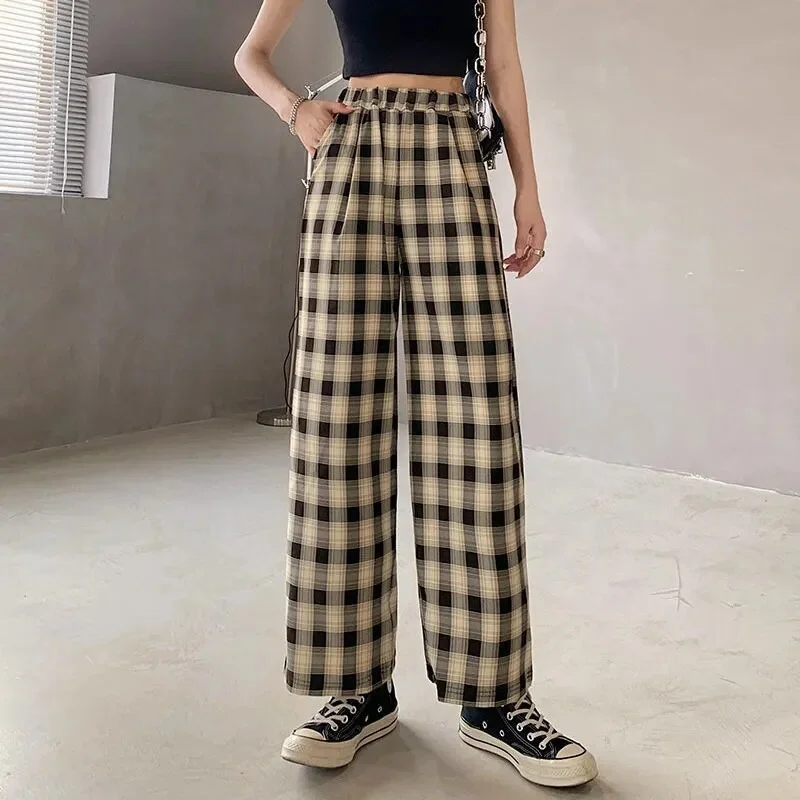 Simple Trousers Female Elastic Waist Retro Plaid Casual Long Women's