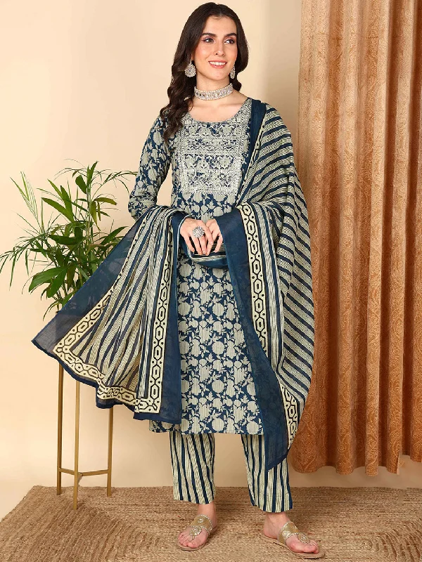 Women Navy Blue Rayon Blend Floral Embroidered Straight Kurta Trousers With Dupatta