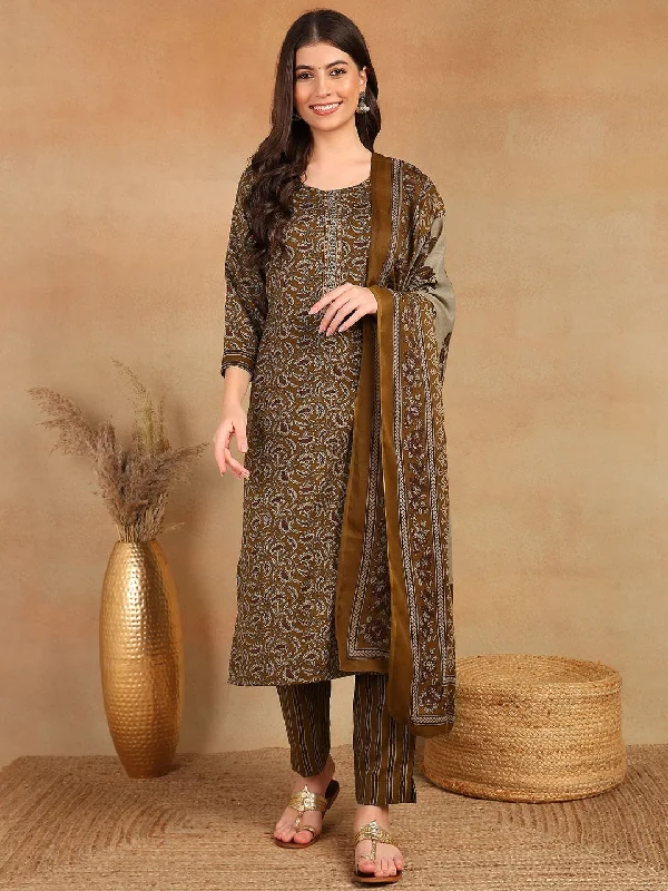 Women Brown Cotton Blend Ethnic Motifs Printed Straight Kurta Trouser With Dupatta