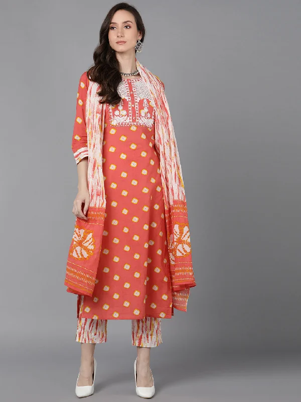 Women Orange Rayon Blend Bandhani Embroidered Straight Kurta Trousers With Dupatta