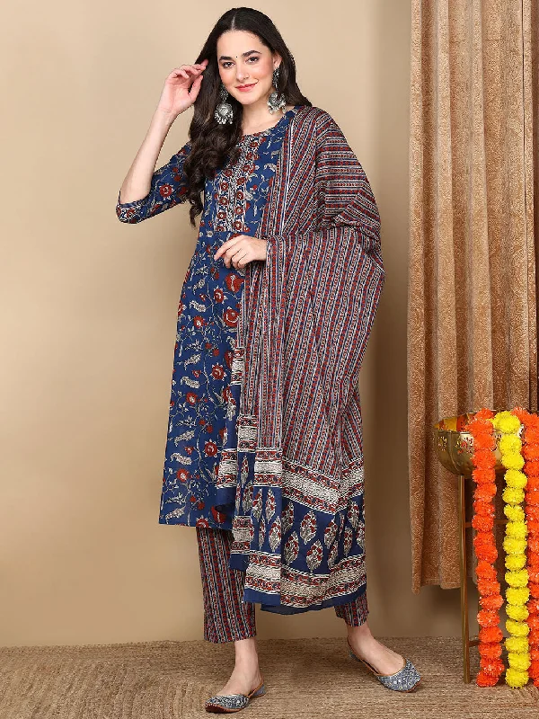 Women Blue Rayon Blend Floral Printed Straight Kurta Trousers With Dupatta