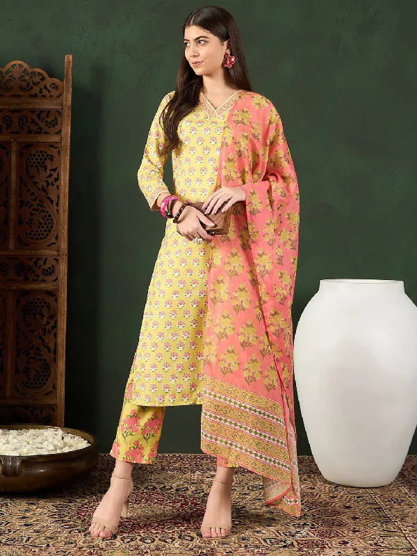 Women Yellow Rayon Blend Floral Printed Straight Kurta Trouser With Dupatta