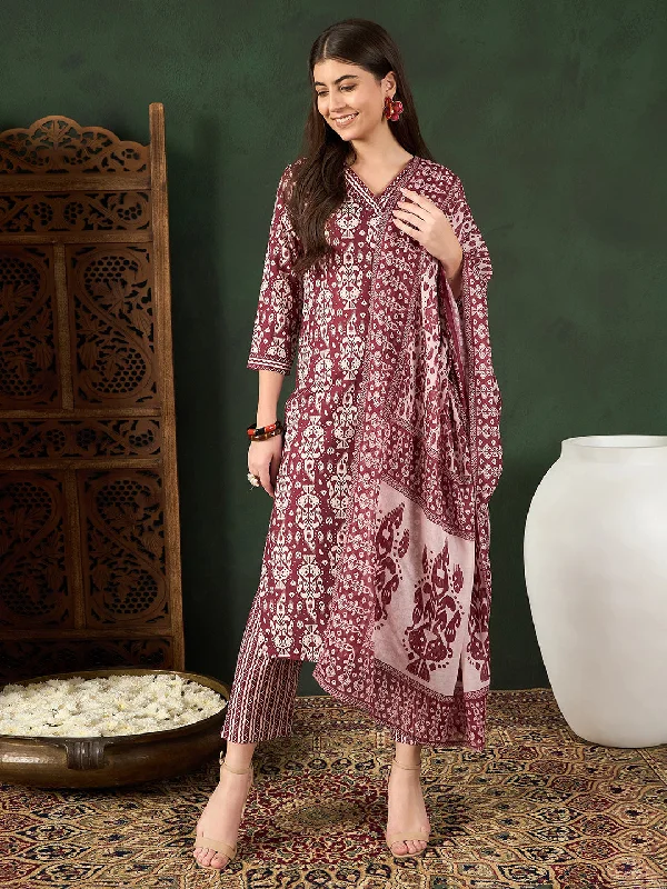 Women Maroon Rayon Blend Ethnic Motifs Printed Straight Kurta Trouser With Dupatta