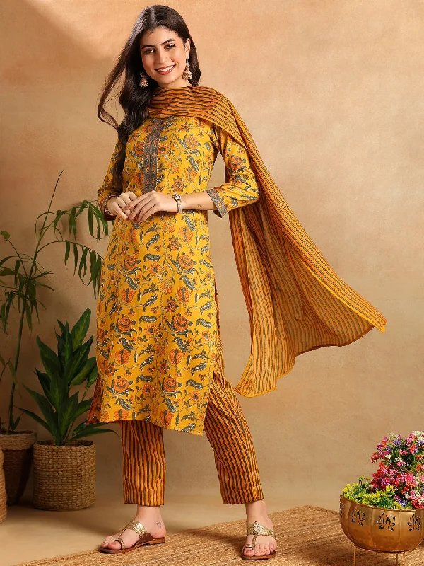 Women Yellow Rayon Blend Floral Printed Straight Kurta Trousers With Dupatta