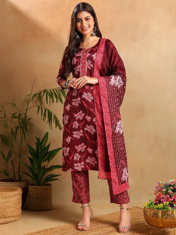 Women Maroon Rayon Blend Floral Printed Straight Kurta Trousers With Dupatta