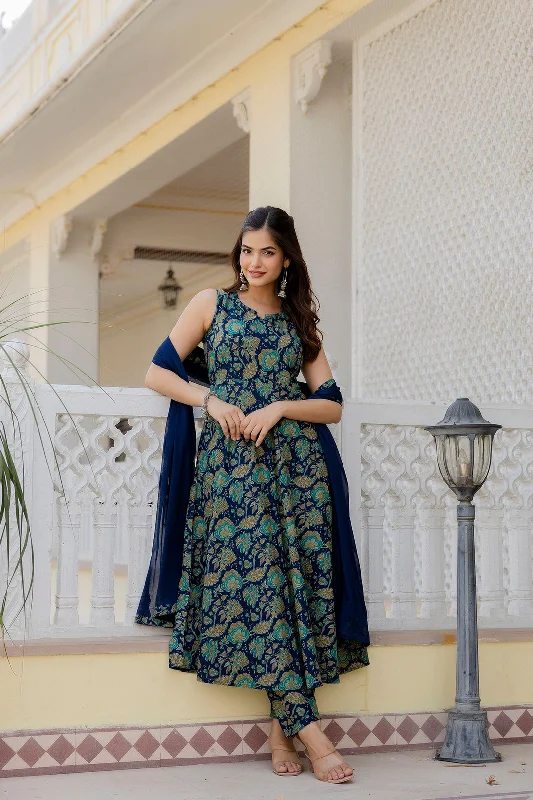 Women Blue Floral Printed Anarkali Kurta With Trouser And Dupatta