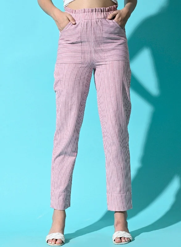 Women Cotton Stripe Regular Fit High Rise Trouser with Pocket - Pink